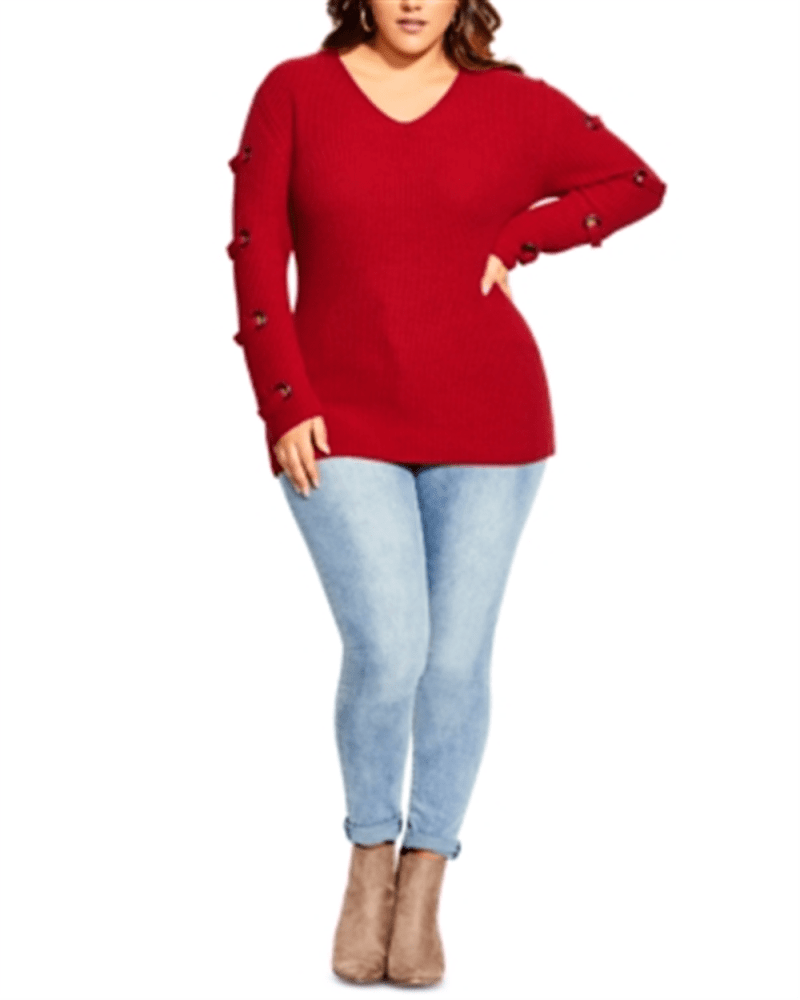 Front of a model wearing a size 18W City Chic Women's Trendy Plus Size Grommet-Sleeved Sweater Medium Red Size 18W in Red by City Chic. | dia_product_style_image_id:314630
